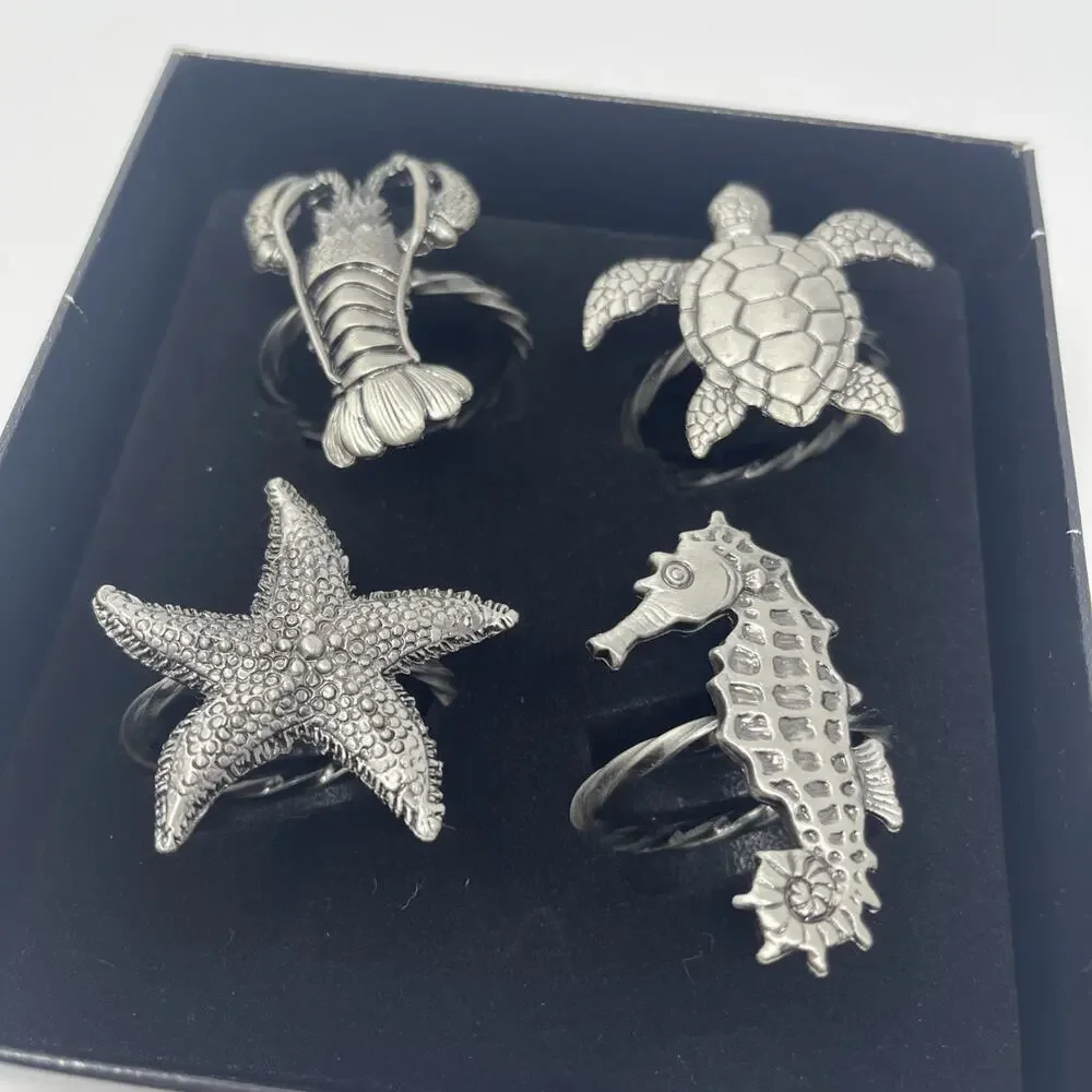 Pewter Napkin Rings Lobster Turtle Starfish Seahorse Set 4 Nautical Sealife New